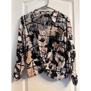 Milky & Honey Graphic Twist Front Button‎ Down Shirt Womens L Rayon Art Nouveau